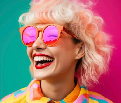 Laughing woman with pink sunglasses and colorful hair.